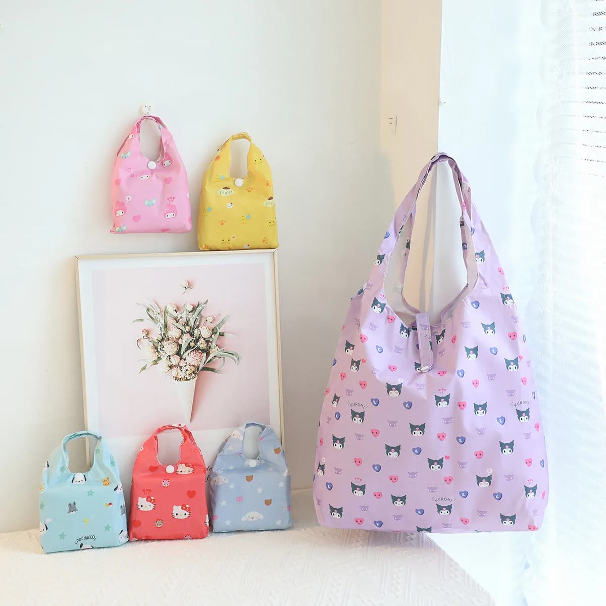 Sanrio Hello Kitty Kuromi Borse per la spesa riutilizzabili Borse per la spesa pieghevoli ecologiche Cartoon Cinnamoroll 210D Borse a mano