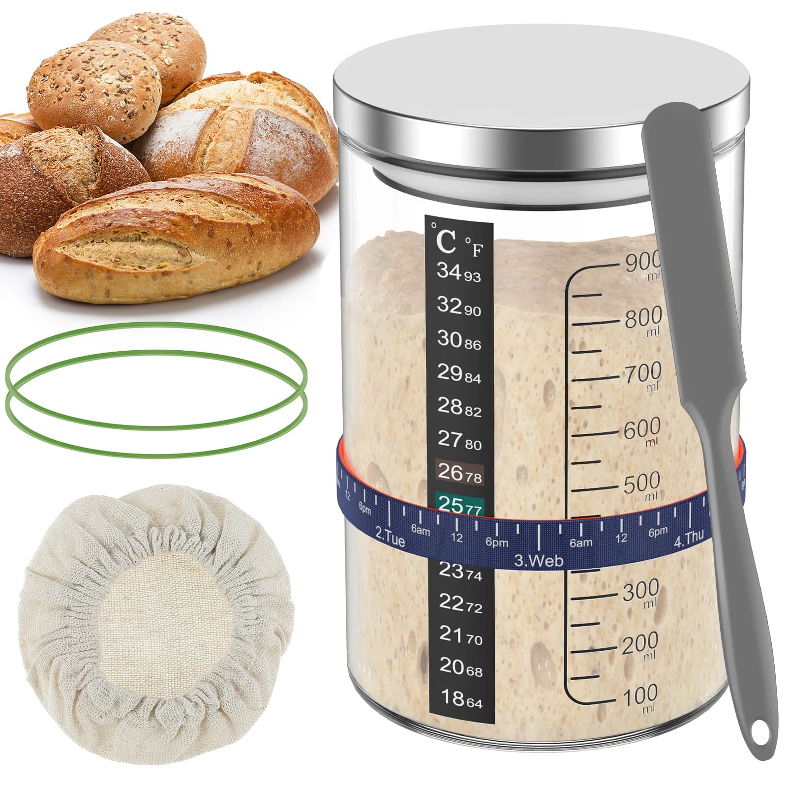 Kit barattolo di avviamento a lievitazione naturale Contenitore per fermentazione dell'impasto da 900 ml Barattolo di vetro trasparente a bocca larga per serbatoio di conservazione degli alimenti da cucina
