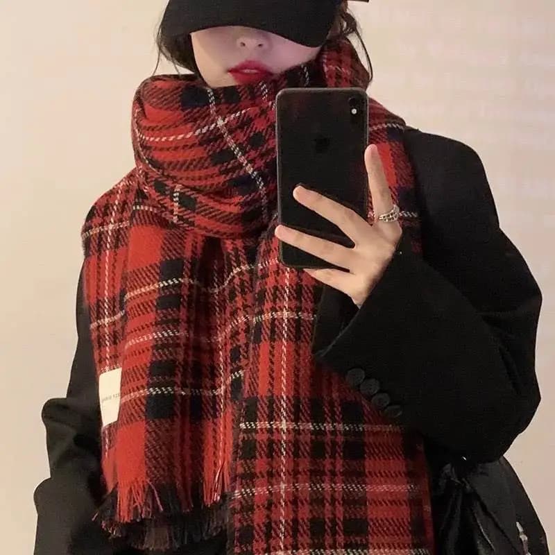 Thickened Christmas Scarf for Women Winter Plaid Neck Warmer Couple's Warm Shoulder Shawl Sweet Style Removable Hat Cotton Inner