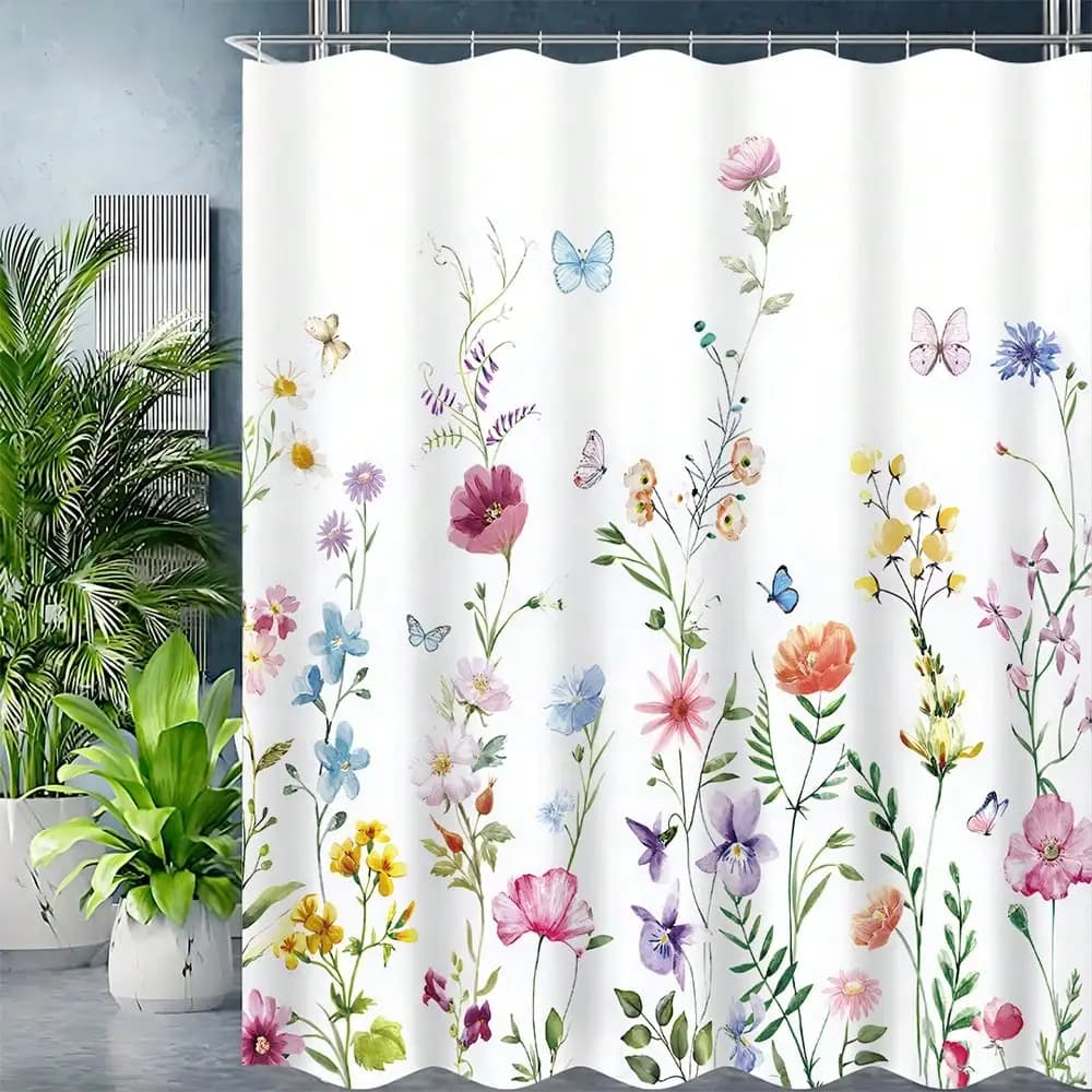 Floral Shower Curtain Set Of 2, Flower Shower Curtain And Anti-Slip Bathroom Mat, Waterproof Durable Fabric Bathtub Sets Home Decor