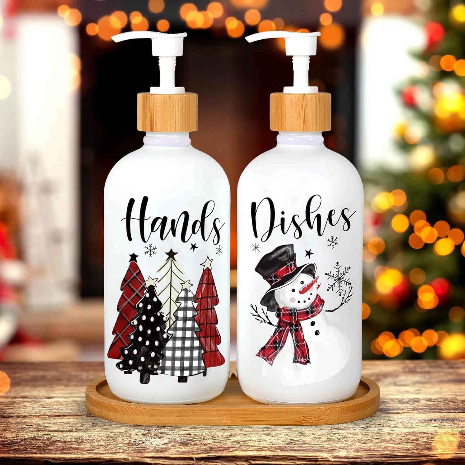 Dispenser di sapone natalizio da 2 pezzi con vassoio Contenitore per liquidi ricaricabile Oro rosa Albero di Natale Dispenser di sapone con fiocco di neve di Babbo Natale con pompa