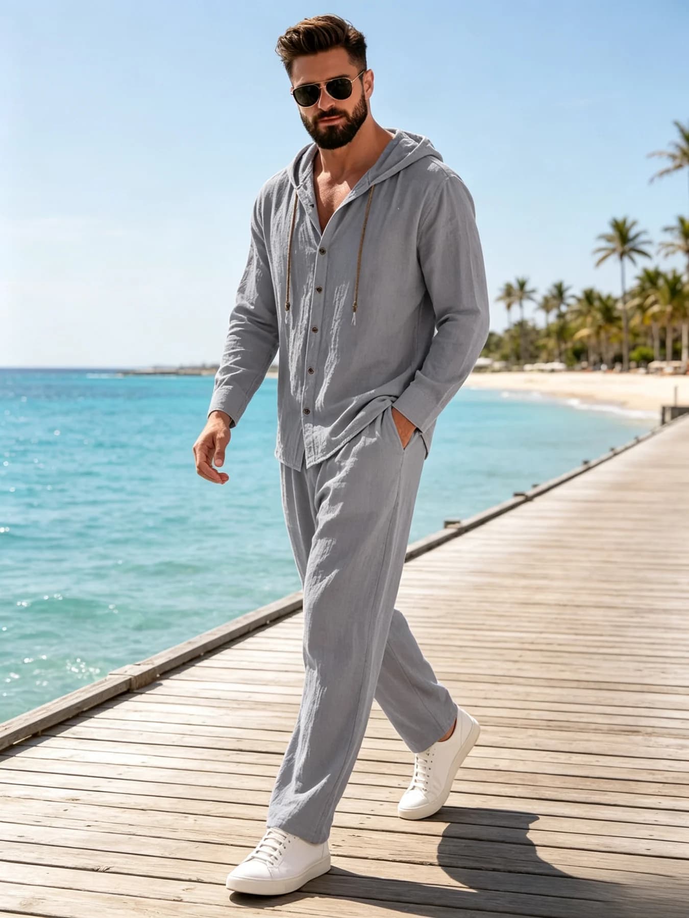 Mens 2 Piece Cotton Linen Outfit Hooded Long Sleeve Shirt Wide Leg Drawstring Pants Casual Beach Set