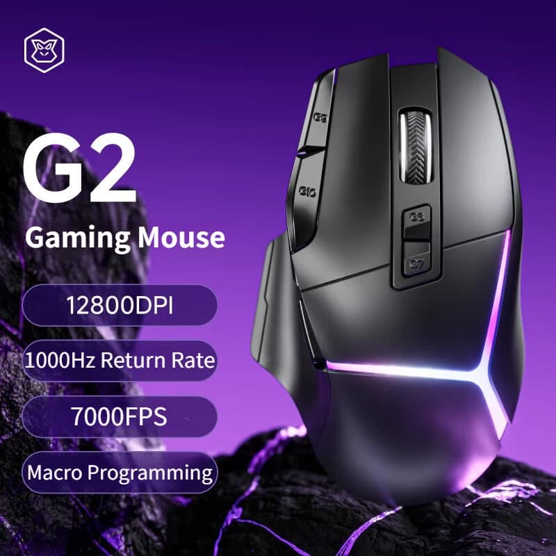 Mouse da Gaming Cablato G2 12800DPI, Ergonomico con Effetti di Illuminazione RGB, 1000Hz 7000FPS, 9 Tasti Programmabili per Laptop e Desktop