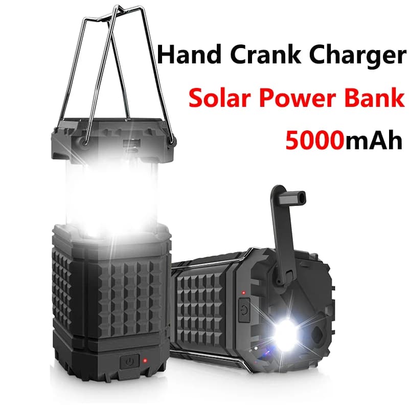 Power Bank Solare Impermeabile 5000mAh con Manovella e Luce LED da Campeggio, Caricabatterie Portatile per iPhone 17 16 Samsung Xiaomi