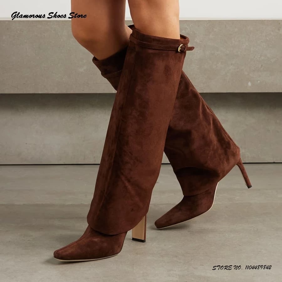 Stivali al ginocchio in pelle scamosciata con fibbia Primavera Autunno da donna Piega sopra Pull On Scarpe alla moda Punta quadrata Stivali moderni con tacco grosso sottile