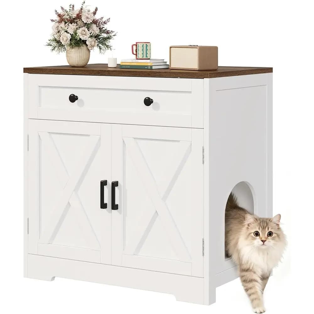 White Wooden Cat Litter Box Enclosure with Storage, Hidden Furniture, and Multi-Functional Side Table