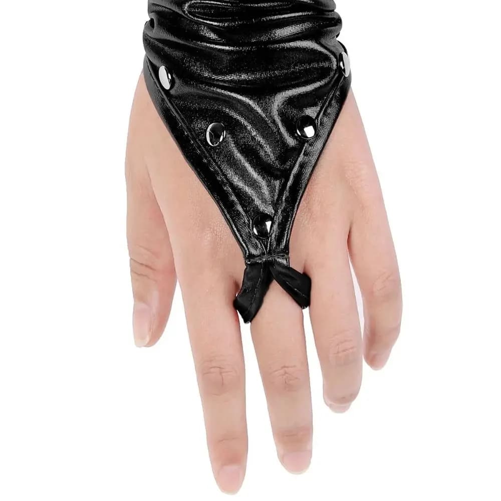 Guanti in lattice da donna dal design senza dita Rivetti Dettaglio Guanti lunghi metallici Materiale elastico Guanti Wetlook con superficie lucida