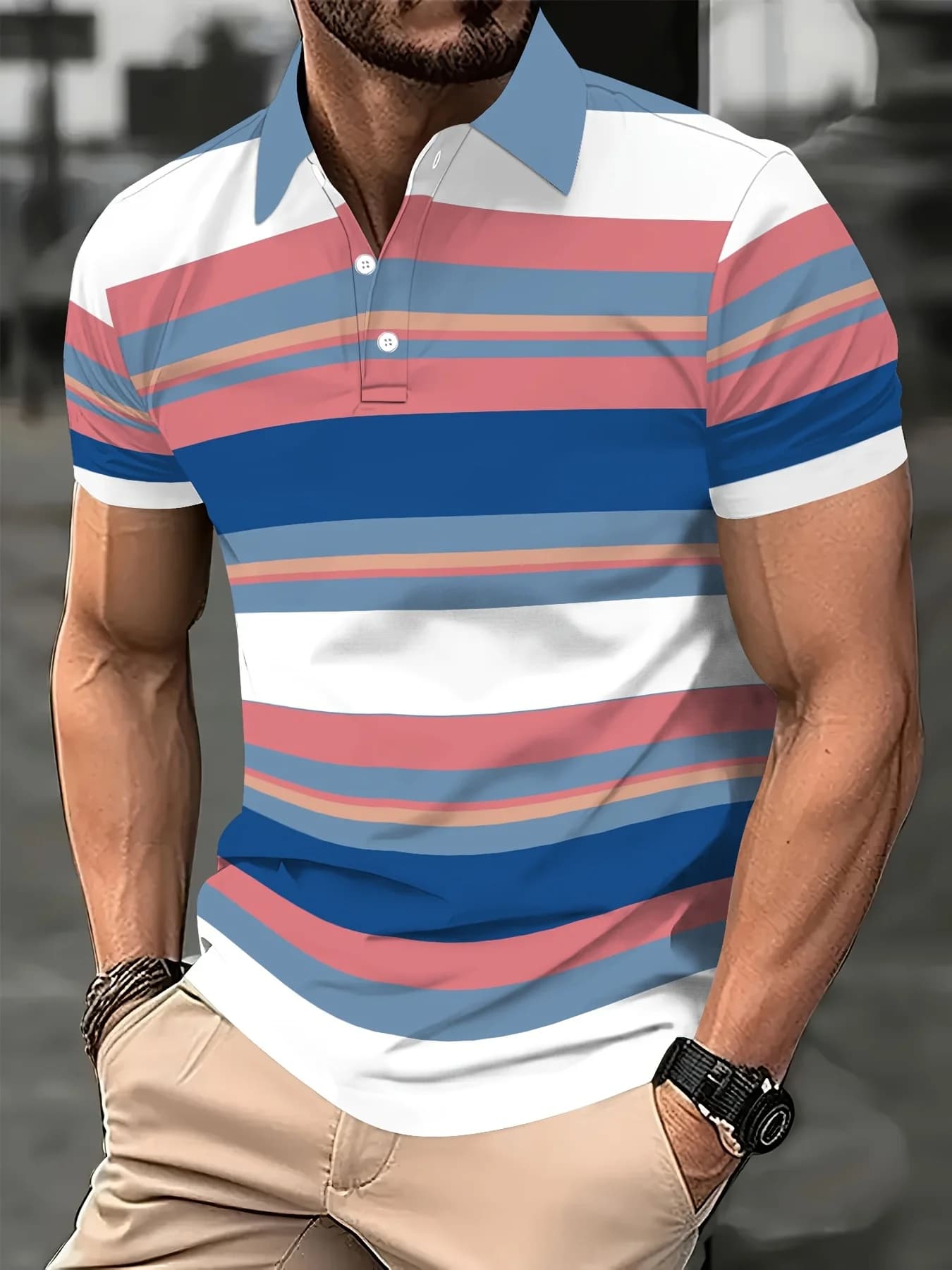 Polo Casual da Uomo a Righe Rosa - Fibra di Poliestere Traspirante, Manica Corta con Colletto, Lavabile in Lavatrice, T-shirt da Golf