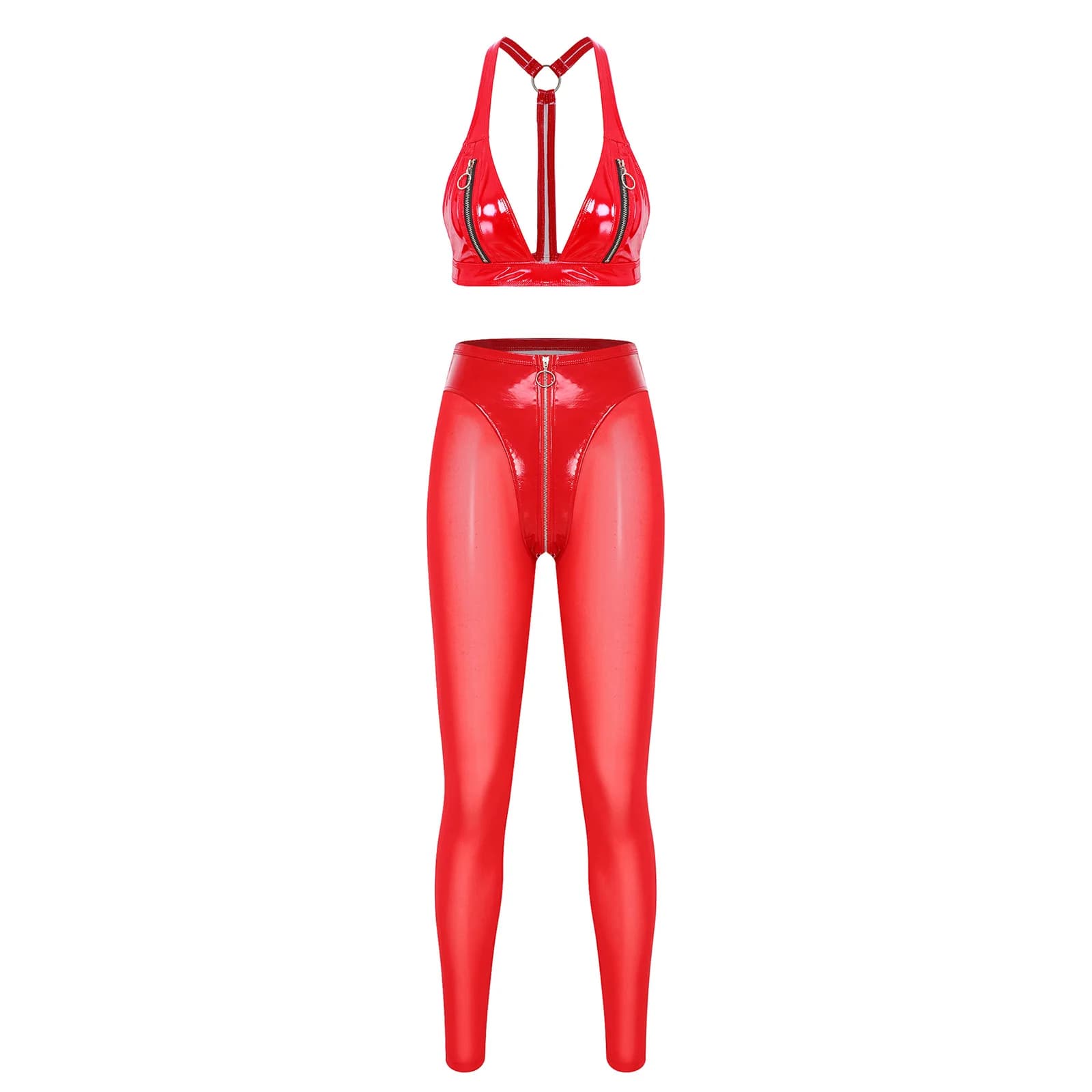 Women Glossy Patent Leather Outfit Crop Tank Top Bra with Sheer Mesh High Waist Leggings for Bar Rave Party Nightclub Pole Dance