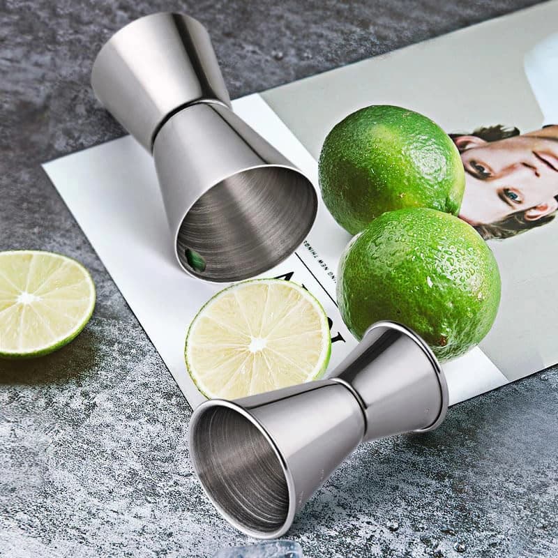 2 pezzi in acciaio inossidabile cocktail shaker 25/50ml e 15/30ml misurino spirito tazza doppio colpo bevanda spirito misura jigger gadget da cucina