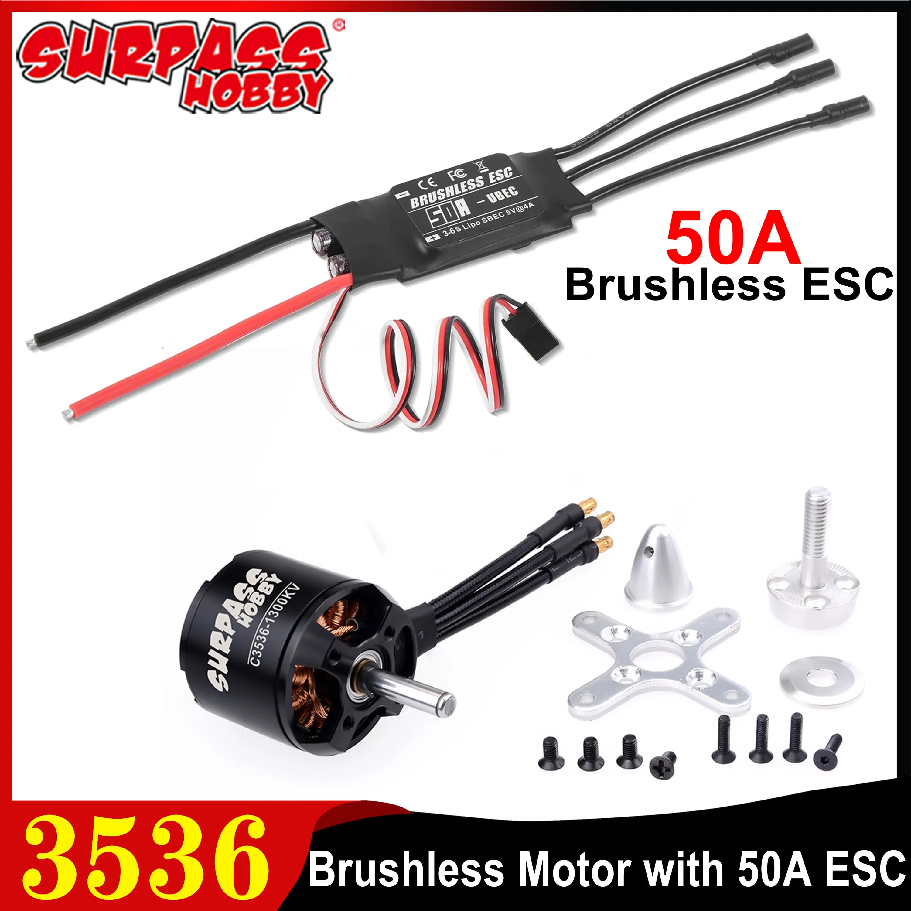 SURPASS HOBBY 3536 Outrunner Brushless Motor W/ 50A ESC Combo Program Card for RC Fixed-wing Airplane Aircraft Glider Warbirds