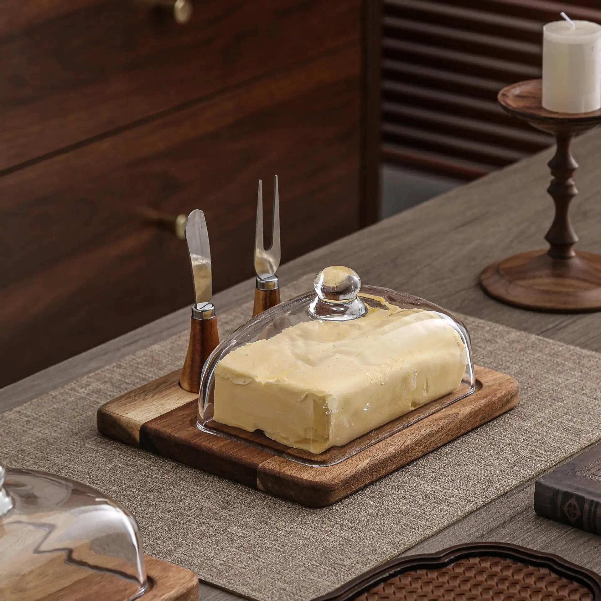 Acacia Wood Butter Box With Knife Cheese Butter Plate With Lid Dessert Plate For Cake Glass Liver Butterfly Slicer Kitchen Accessories
