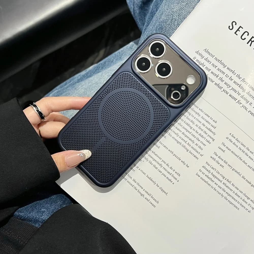 Frosted Heat Dissipation Mesh For Magsafe Case For iPhone 17 16 15 14 13 Pro Max Magnetic Metallic Hard Bumper Mirror Lens Cover