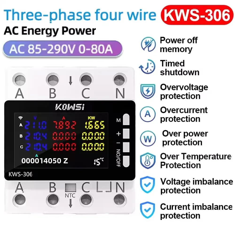AC 85-290V/80A Misuratore di potenza energetica Schermo a colori Misuratore ferroviario trifase a 4 fili Voltmetro 6 Misuratore di protezione dallo spegnimento Telecomando