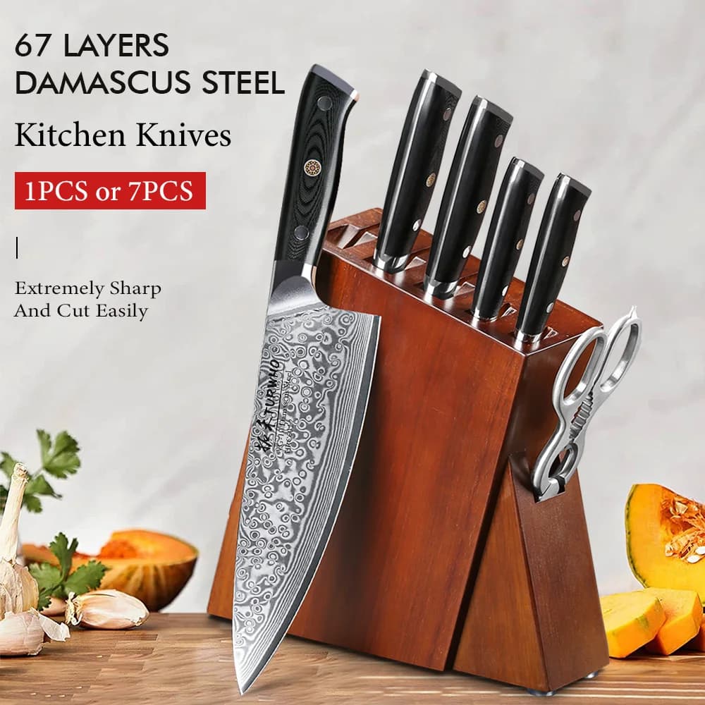 TURWHO Set di Utensili da Cucina Professionali, 1 o 7 Pezzi, Set di Coltelli in Acciaio Damascato a 67 Strati con Eccellente Blocco Portacoltelli in Legno di Acacia