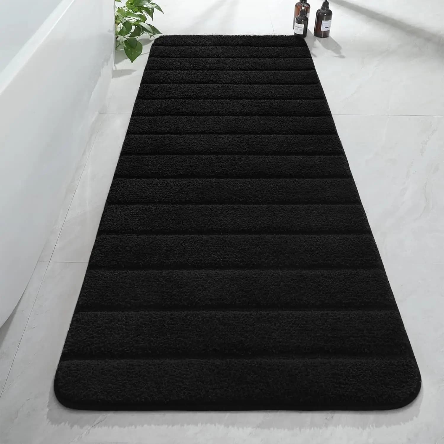 Tappeti da bagno lunghi di lusso, tappetino da bagno spesso, morbido, assorbente in microfibra antiscivolo, tappeto a righe con retro in gomma, lavabile in lavatrice, 24x60 pollici, nero