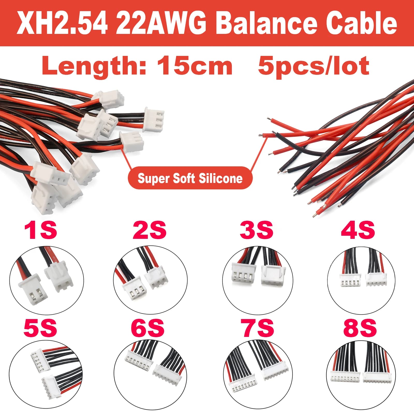 5 pz/lotto Cavo di bilanciamento LiPo 1S 2S 3S 4S 5S 6S 7S 8S JST-XH 22AWG 15cm in silicone super morbido per IMAX B6 RC Drone FPV