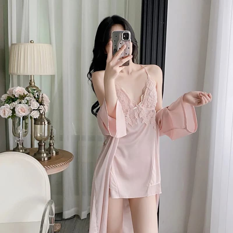 2025 New Pink Robe Set Lady Sexy Bathrobe Gown Backless Lingerie Nightdress Women Satin Home Wear Summer Nightgown Loungewear