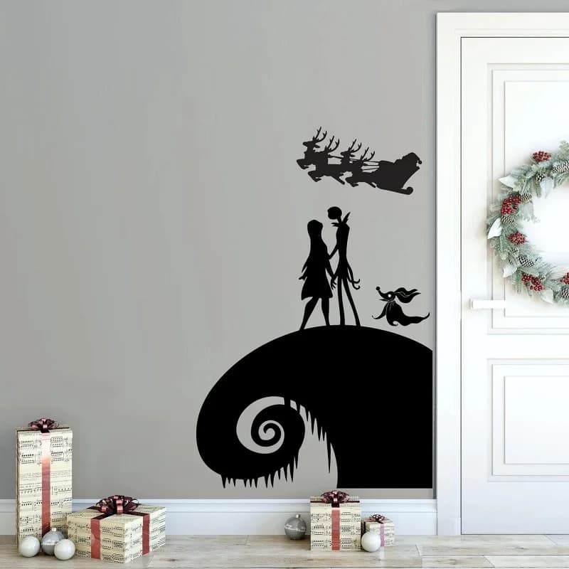 Nightmare Before Christmas Adesivo da parete in vinile Jack Kellington Sally Dog Zero Santa Reindeer Party Decorazione per porte e finestre di Halloween