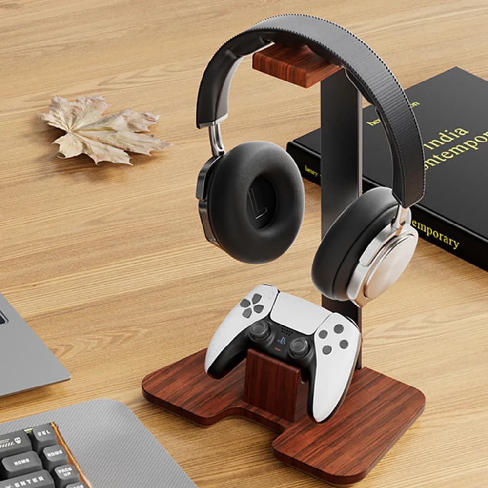 2-in-1 Wooden Headphone Stand with Game Controller Bracket Home Creative Wooden Integrated Handle Headphone Stand Storage Rack