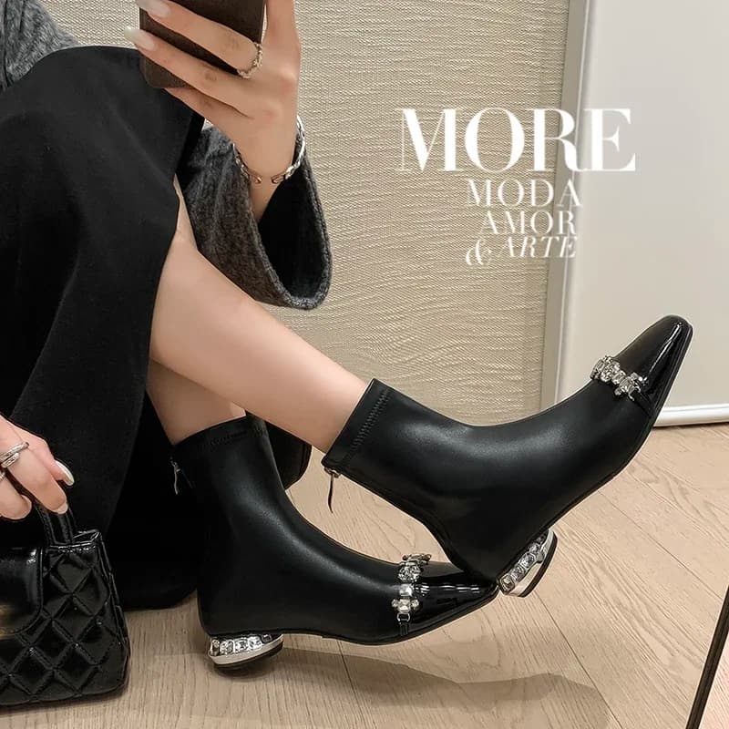 2026 autumn winter women ankle boots 22-24.5cm stretch patent leather round heel Diamond modern boots back zip skinny boots