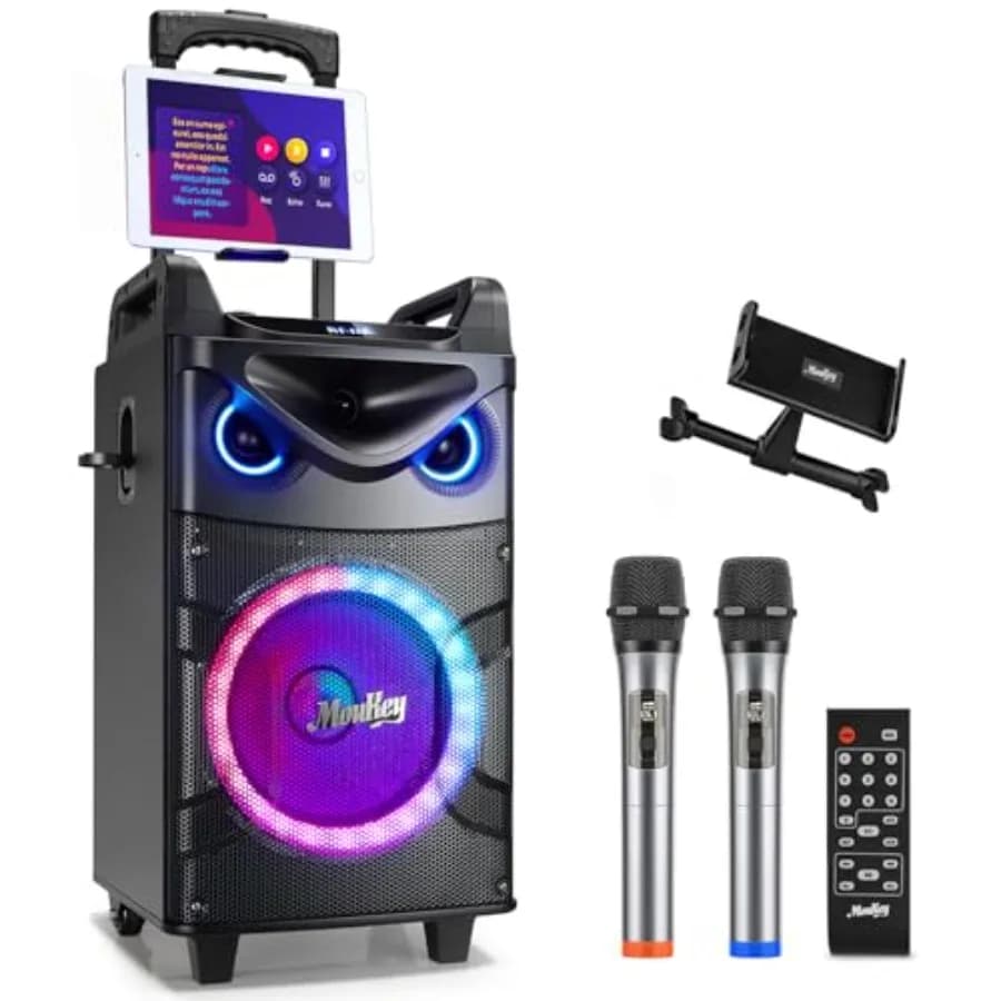 Karaoke Machine, 10" Woofer Portable PA System, Bluetooth Speaker with 2 Wireless Microphones, Lyrics Display Tablet Holder, Pa