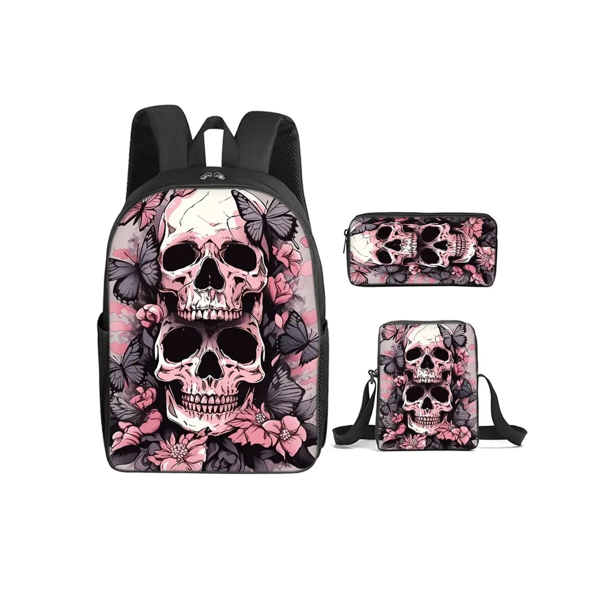 Twin Pink Skulls Print 3Pcs/Set Backpack with Messenger Bag ,Pencil Bags for Boy/Girl Best Gift Cartoon Student School Bags