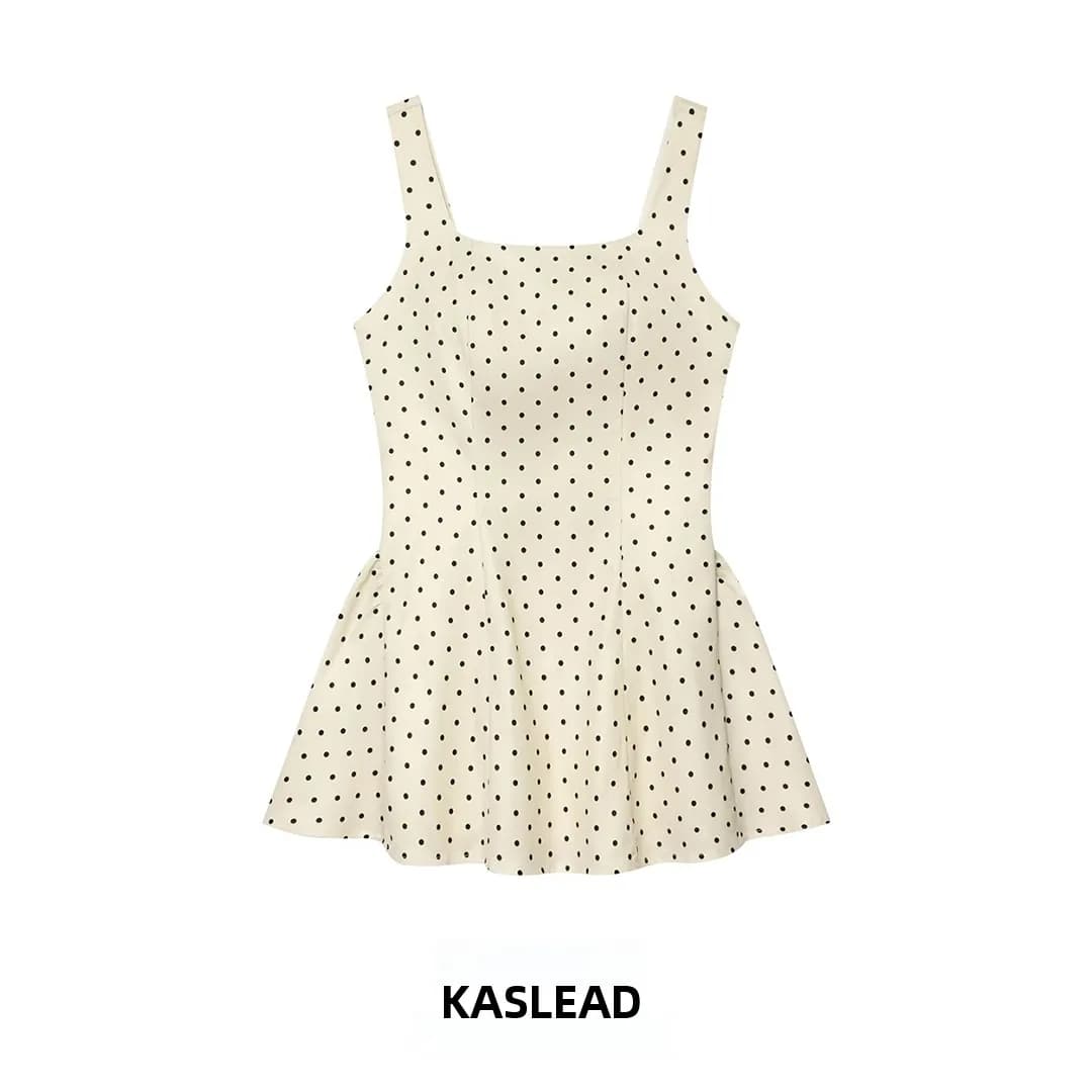 KASLEAD New Women's Fashion Slimming Polka Dot Print Belted Strap Short Skirt City Commute A-Line Dress Polyester Fiber