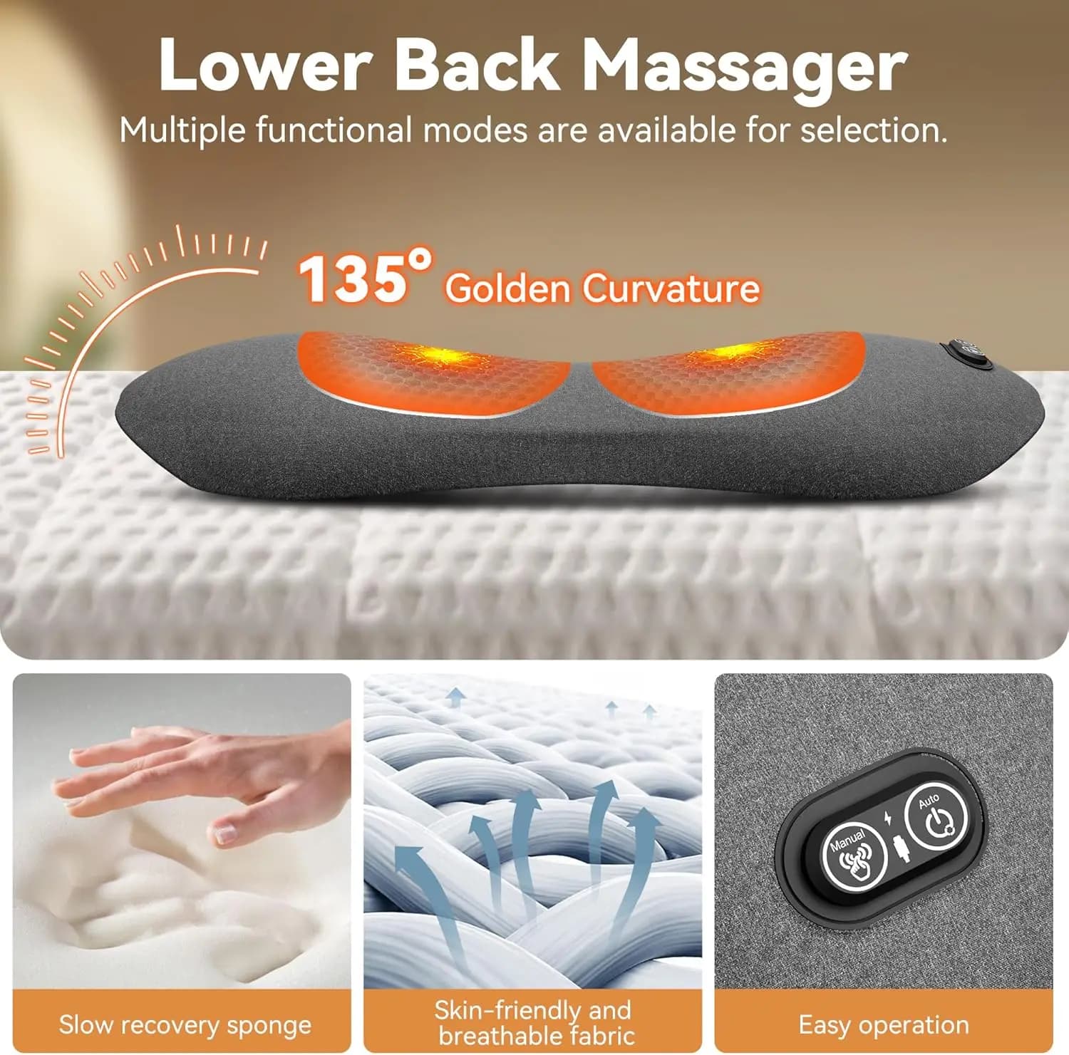 Massaggiatore per la schiena 3 in 1 Triple Fusion, cuscino di supporto lombare con calore, vibrazione e trazione regolabile - Massaggiatore per la schiena in memory foam