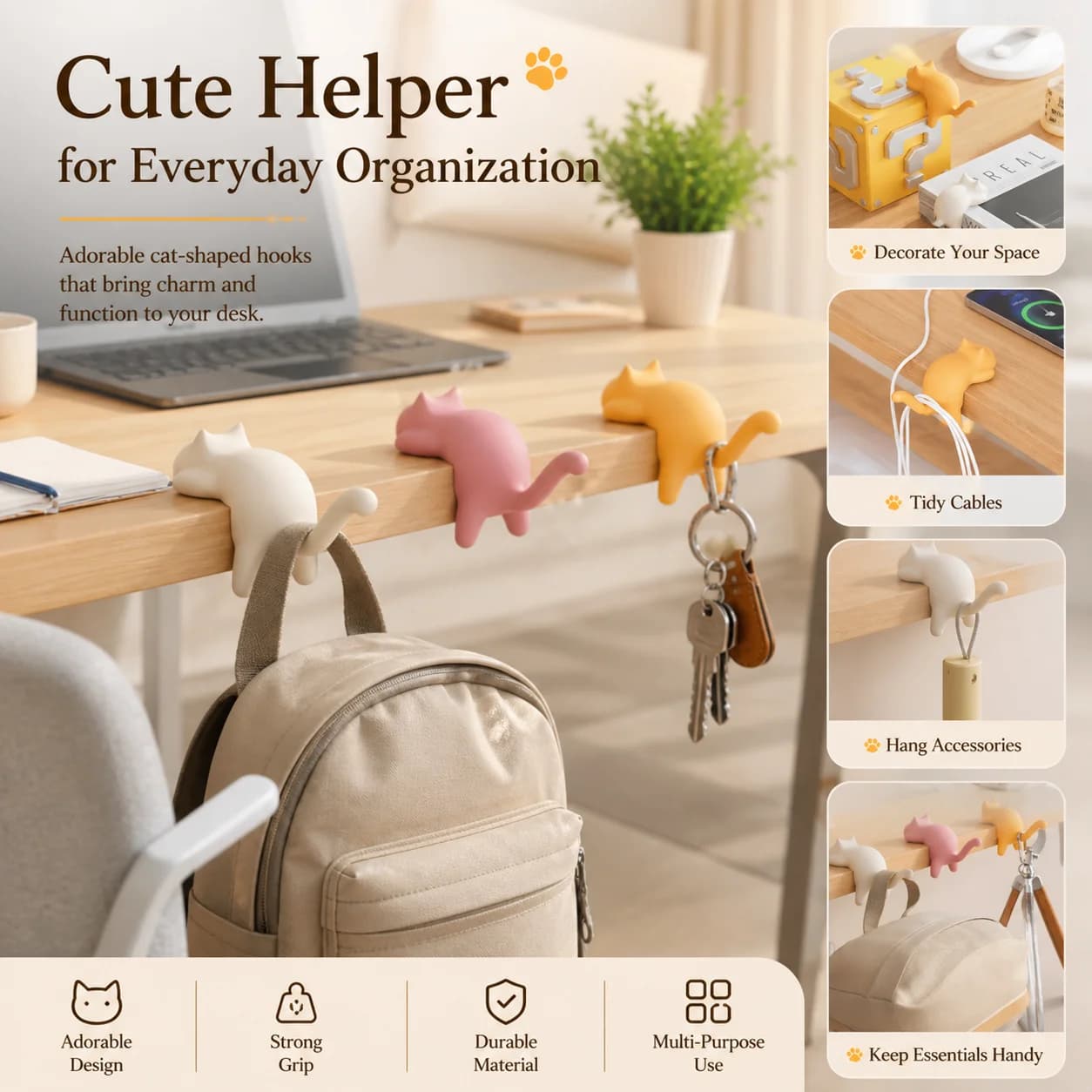 1/4PCS Cute Cat Desk Hook Silicone Adhesive Organizer Multi-Purpose Hanger for Keys Bags Cables Home Office