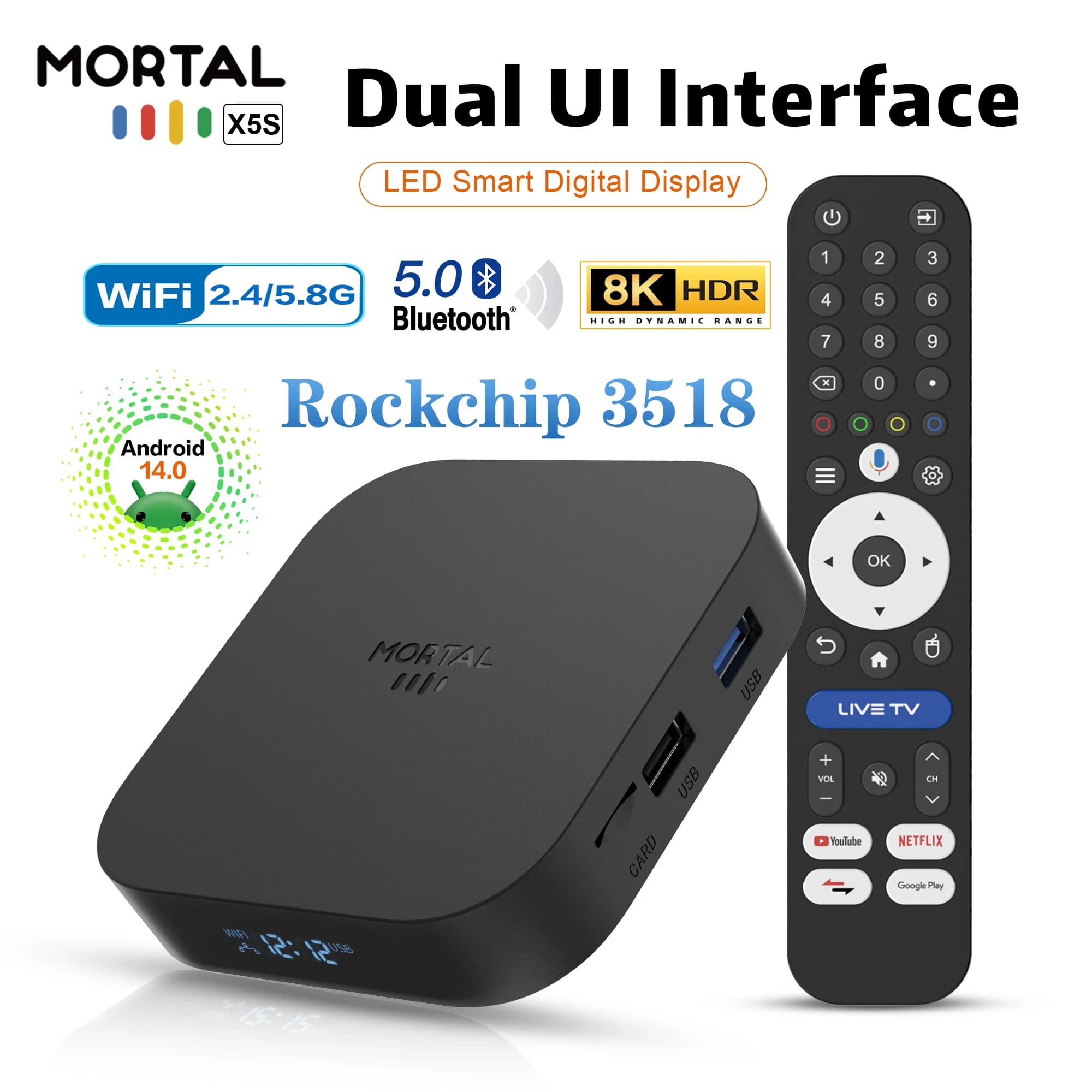 2026 New Smart TV Box X5S RK3518 Android 14 WiFi 6 BT 5.4 Dual UI Interface 8K Ultra HD 2GB RAM 16GB ROM Smart Media Player