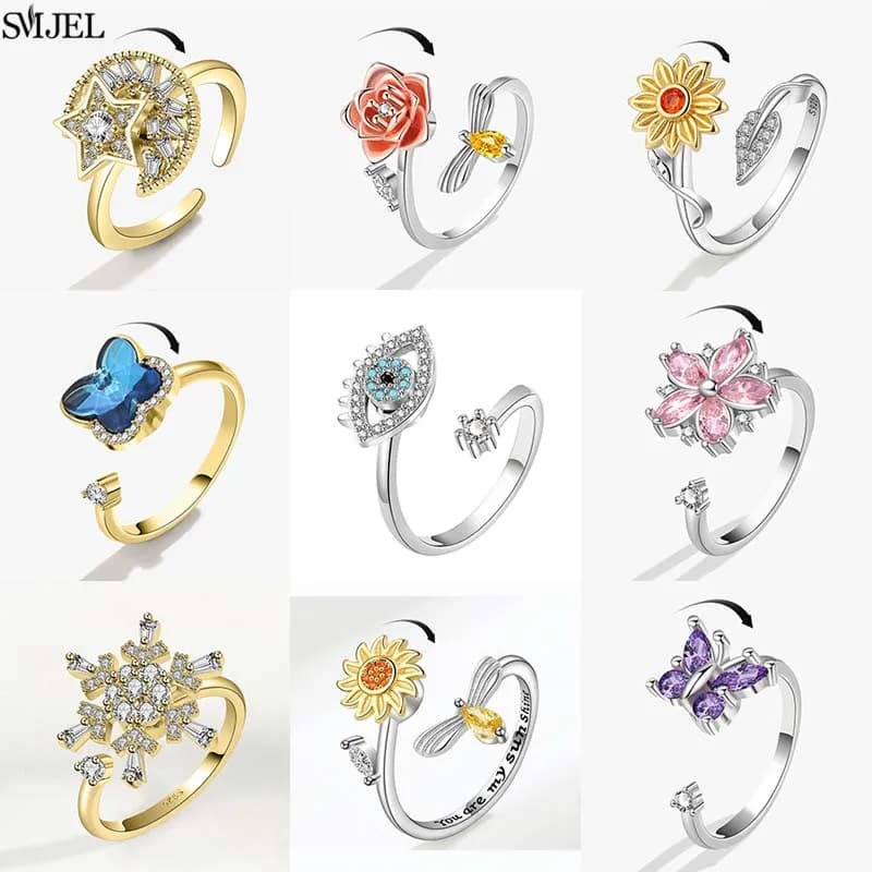 Anello di lusso antistress per l'ansia Fiocco di neve Girasole Fidget Spinner Anelli regolabili per le donne Accessorio rotante liberamente