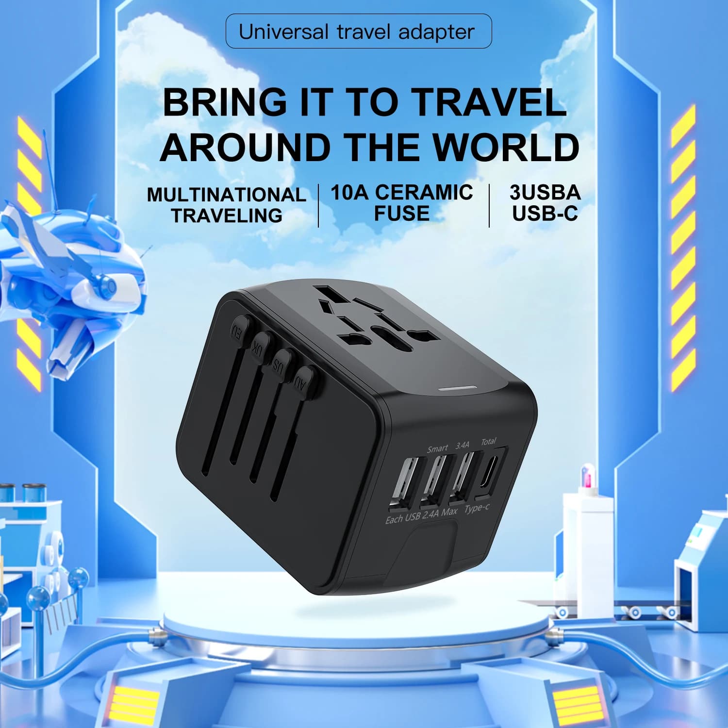 Adattatore da viaggio universale, alta velocità 3.4A 4*USB, Type-C e 3*USB-A per Europa, Regno Unito, UE, Stati Uniti, Canada, Australia