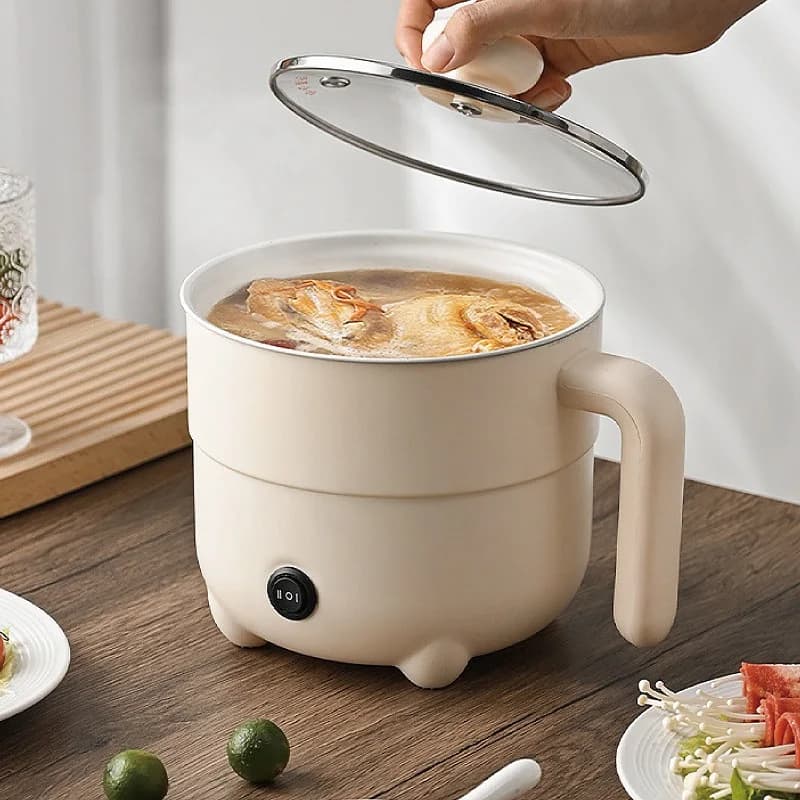 Pentola Elettrica 600W 2L per Dormitorio, Pentola per Noodles, Hot Pot, Padella Antiaderente, Cuociriso Multifunzione con Spegnimento Automatico, Vaporiera
