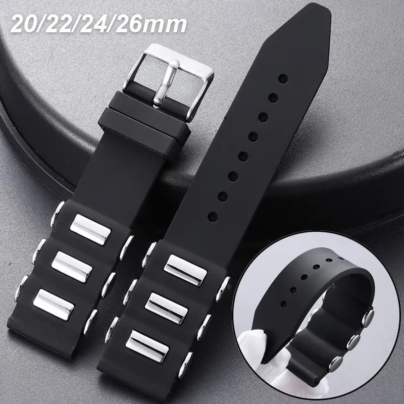 Cinturino per orologio in silicone da 20/22/24/26mm con inserto in metallo, universale per uomo e donna, fibbia ad ardiglione, bracciale nero impermeabile