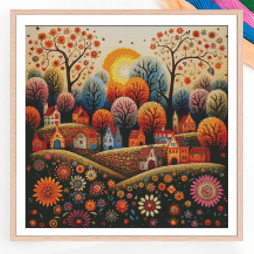 Cross Stitch Flower Sunset Garden Hnouse Landscape Full Embroidery Wall Decor Cotton Thread Printed New Decorative Paintings