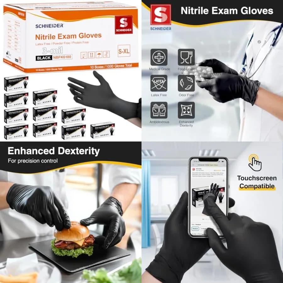Guanti in Nitrile Schneider, Guanti Monouso Neri Senza Lattice e Senza Polvere per Uso Medico, Cucina, Pulizia e Preparazione Alimenti