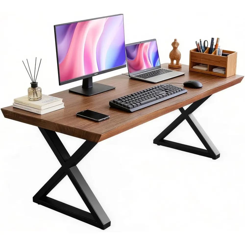 Scrivania Rustica Marrone in Legno Massello 47 Pollici, Stile Butcher Block per Ufficio Domestico con Piano Spesso 1,96 Pollici
