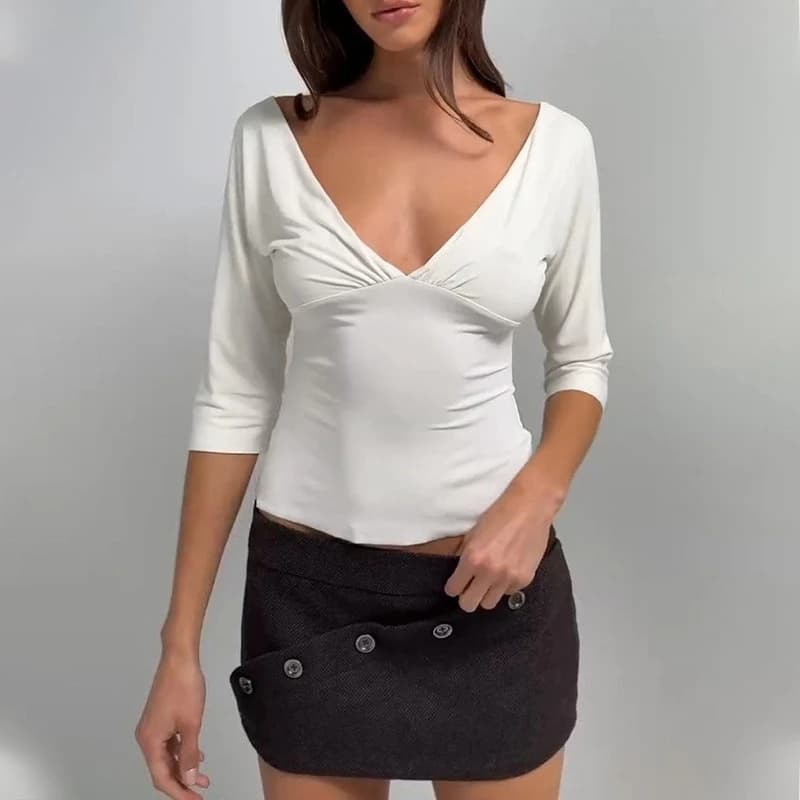 TARUXY T-shirt sexy a maniche lunghe con scollo a V da donna, nuova collezione estiva, tinta unita, senza schienale, slim fit, alla moda, per il tempo libero, feste e vacanze