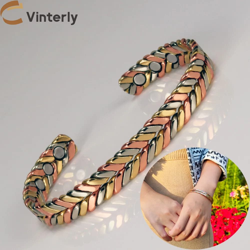 Vinterly Braccialetti in rame puro Donna Terapia magnetica intrecciata 9mm Magneti alti regolabili Braccialetti Ridimensionabili Gioielli femminili