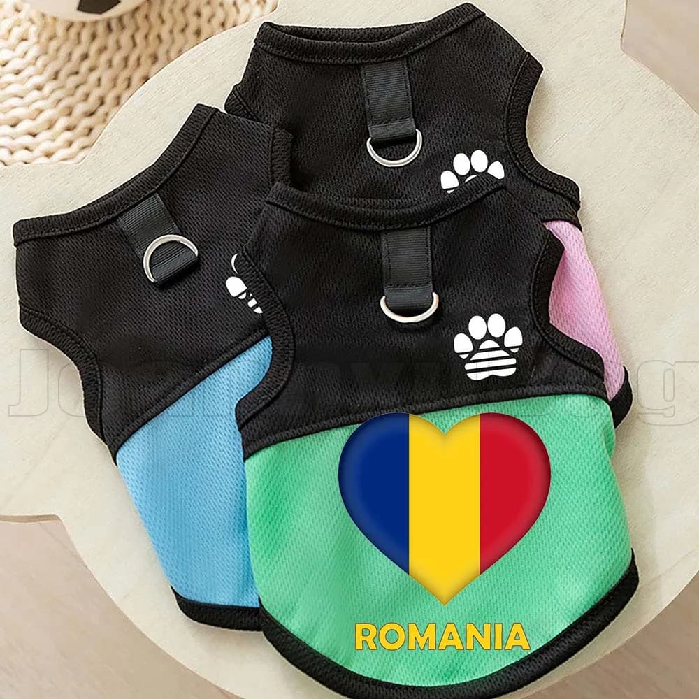 Pettorina a rete per cani e gatti con bandiera a cuore della Romania, abbigliamento estivo per cuccioli e gattini, gilet estivo per cani con anello a D per guinzaglio
