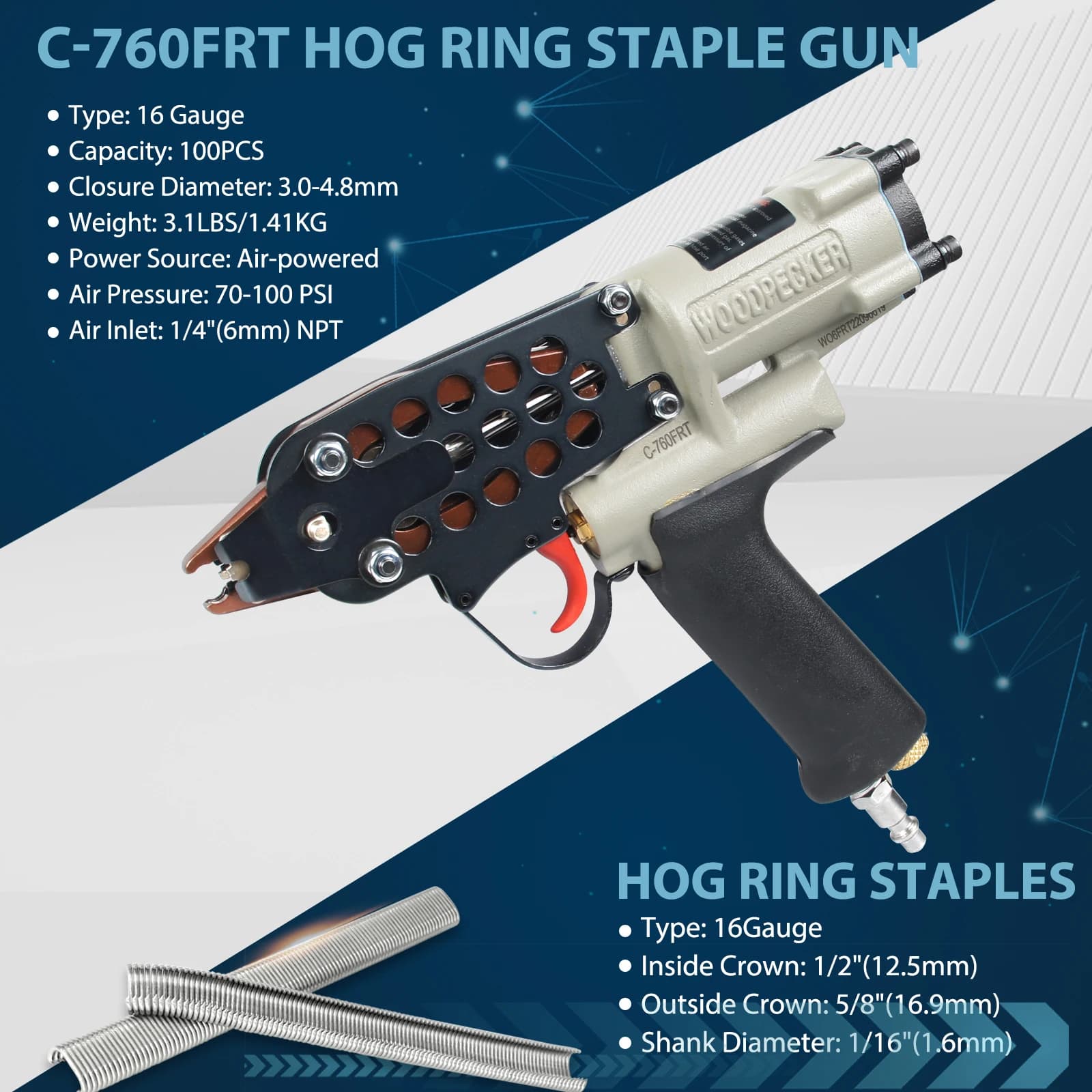 WOODPECKER C-760FRT Graffette a anello da 16 gauge, Pinza ad anello a C ad aria compressa per trappole per granchi, recinzioni, sedili auto e materassi a molle