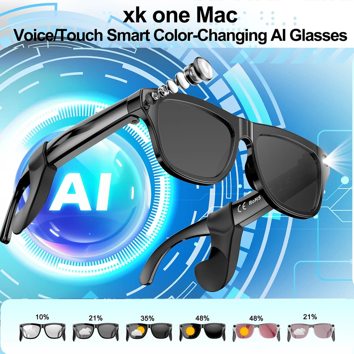 Nuovi Occhiali Smart AI con Lenti Elettrocromiche, Controllo Vocale e Touch, Cambio Colore, Fotocamera HD 8MP, XK One, Traduzione Mac, Indossabile Intelligente