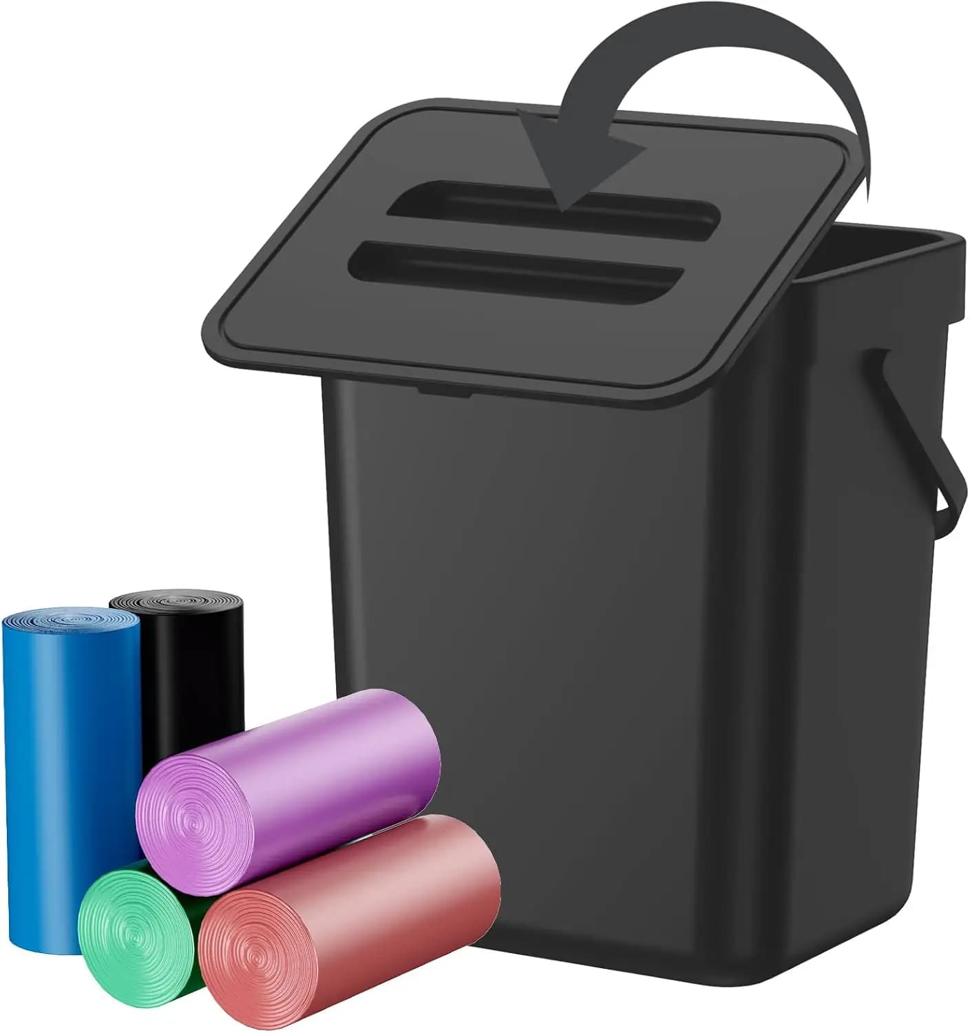 Contenitore per Compostaggio Sospeso con Coperchio, 3L, Include 100 Sacchetti, Anti-Odore e Anti-Animali, Apertura Silenziosa, per Cucina/Bagno/Ufficio (Nero)