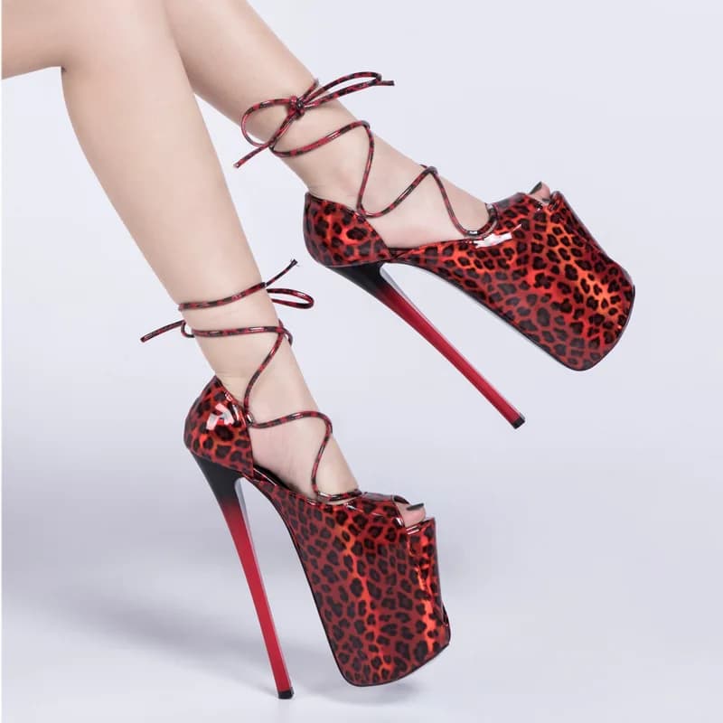 Sandali con plateau e cinturini incrociati con stampa leopardata, tacco sottile 22 cm, sexy, con punta aperta, scarpe da festa con scollo basso da donna, taglie US 15-16