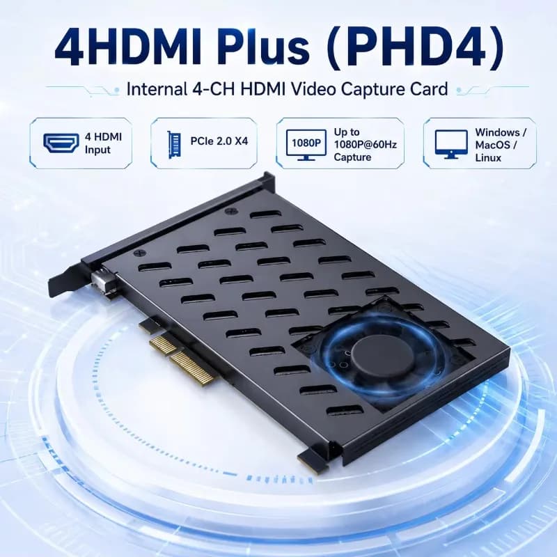 PCIe X4 4CH 4K60 HDMI1.4 YUY2 Capture Card for Camera & Laptop with MP4 Support Full Aluminum PCI Internal