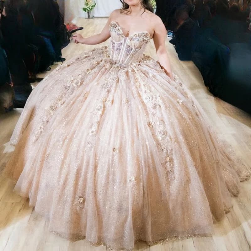 Abiti Quinceanera lucidi champagne personalizzati Abito da ballo con spalle scoperte Appliques Perline di pizzo Tull Sweet 16 Dress Abiti 15 De