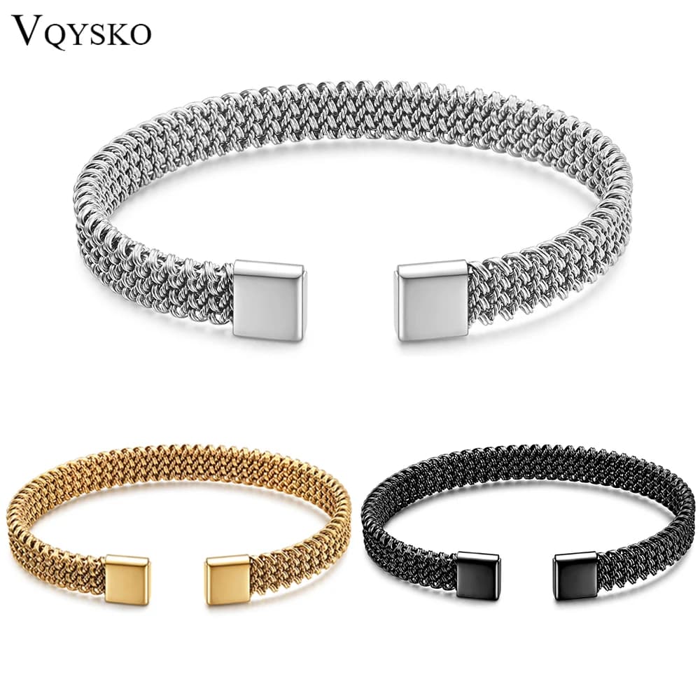 VQYSKO Bracciale aperto a forma di C a maglia piatta intrecciata da 8 mm Catena vintage in acciaio inossidabile Gioielli Donna Uomo Regalo Impermeabile