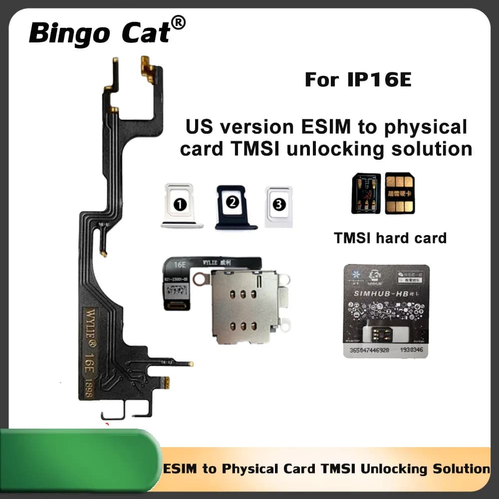 Soluzione di Sblocco Wylie Esim a Scheda Fisica TMSI per iPhone 16E Versione USA, Supporta Modifica Dual SIM con Cavo Flex