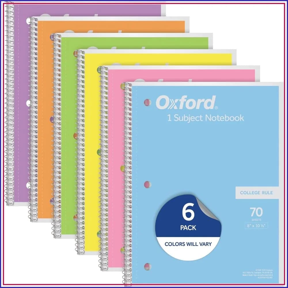 6 Pack College Ruled Spiral Notebooks, 70 Sheets Each, Pastel Colors, 8x10.5 Inch